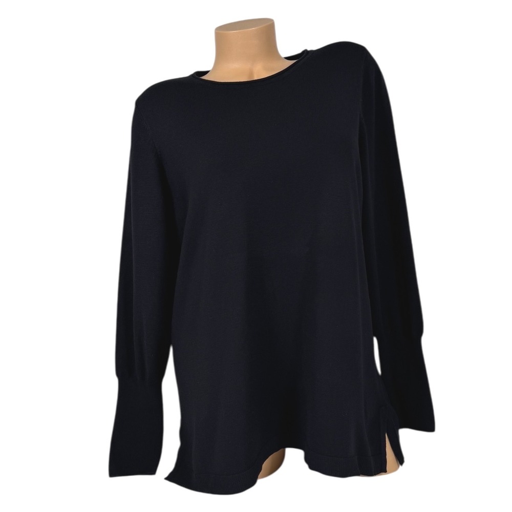 Chico's Size 2 LARGE Black Ribbed Knit Crew Neck Long Sleeve Sweater Tunic Top